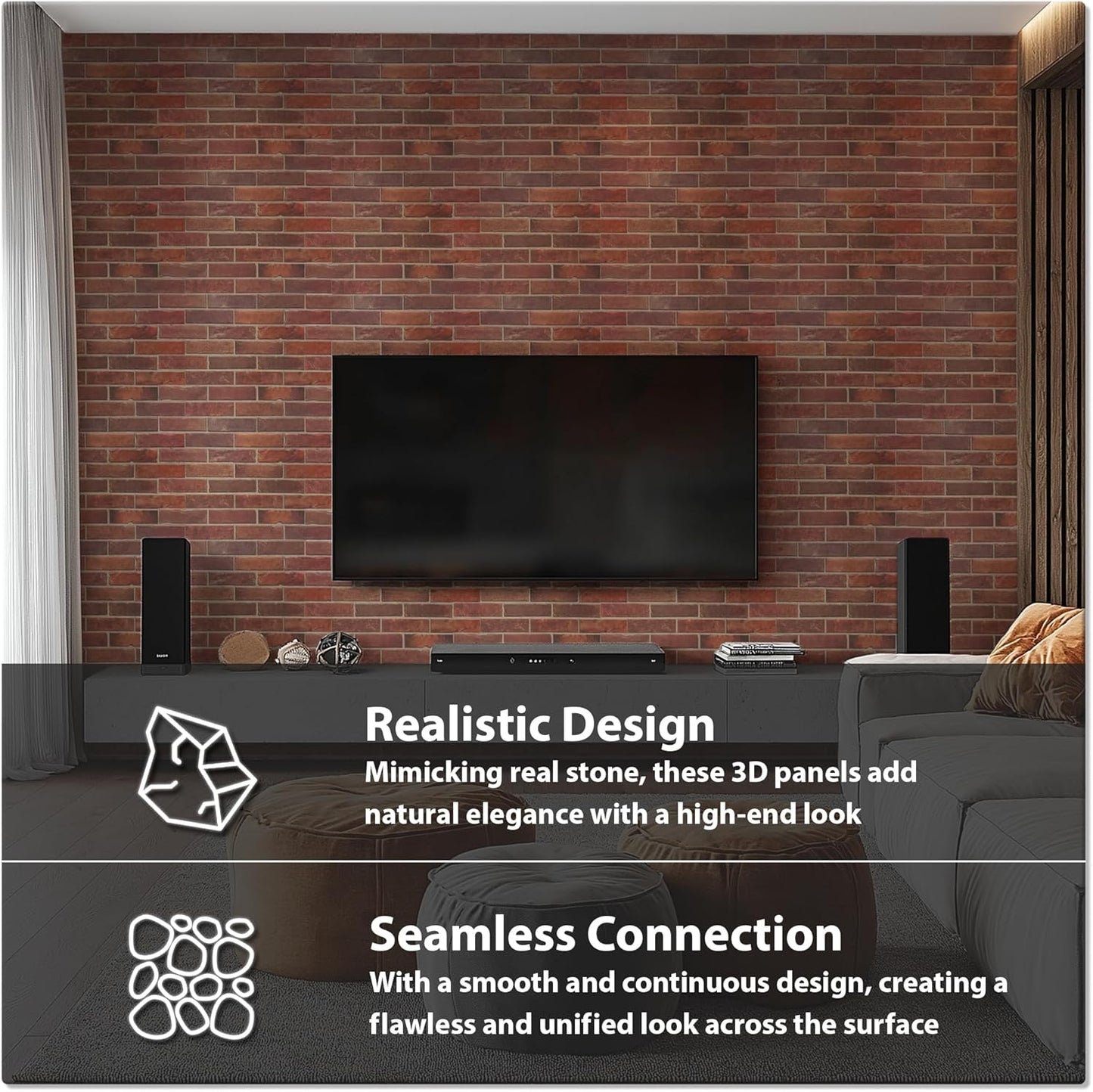 CONCORD WALLCOVERINGS ™ 3D Red Faux Brick Wall Panels - Lightweight 17.5" x 24" (44.5 cm x 61 cm) PVC Sheets, Decorative Stone Tiles for Living Room, Kitchen - Covers 58.33 Sq Ft