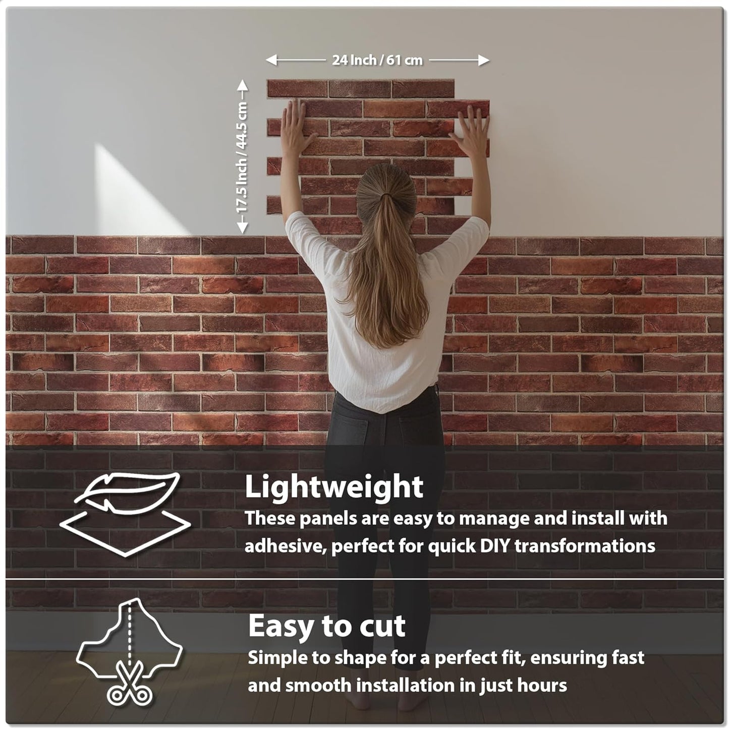 CONCORD WALLCOVERINGS ™ 3D Red Faux Brick Wall Panels - Lightweight 17.5" x 24" (44.5 cm x 61 cm) PVC Sheets, Decorative Stone Tiles for Living Room, Kitchen - Covers 58.33 Sq Ft