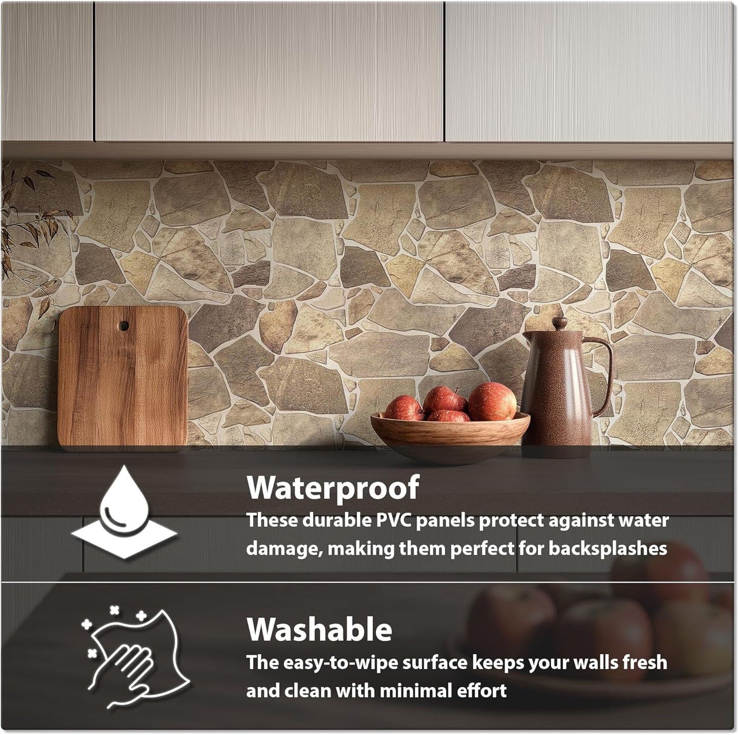 CONCORD WALLCOVERINGS™ 563WB Retro-Art 3D PVC Faux Stone Wall Panels, Beige Brown Wild Boulder, 17.5" x 23.75" (44.5 cm x 60.3 cm each)