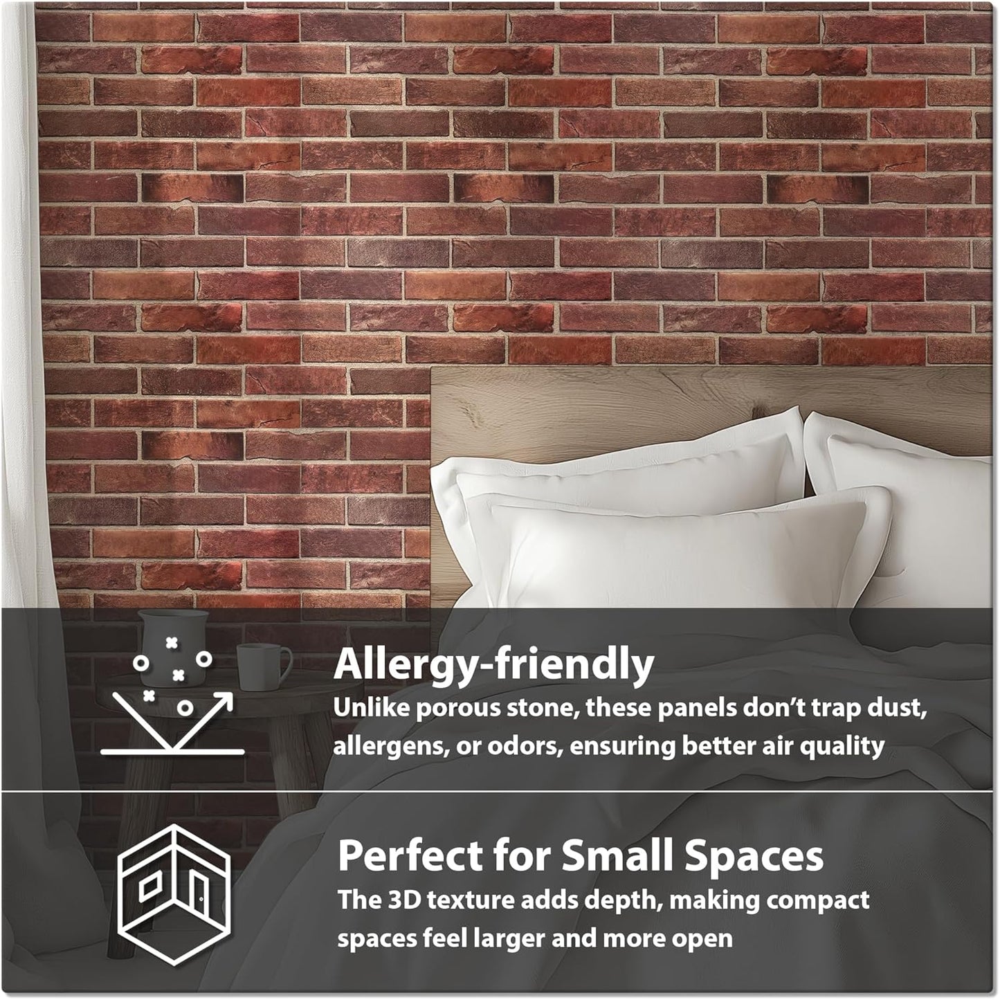 CONCORD WALLCOVERINGS ™ 3D Red Faux Brick Wall Panels - Lightweight 17.5" x 24" (44.5 cm x 61 cm) PVC Sheets, Decorative Stone Tiles for Living Room, Kitchen - Covers 58.33 Sq Ft