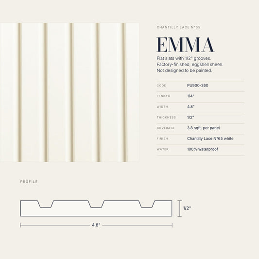 Chantilly Lace N65 Panels | Factory-Finished White Waterproof Slat Panel EMMA PU900-260 | 114” x 4.8” | 3.8 sqft. - PICK UP ONLY (4309 Steeles Ave West)