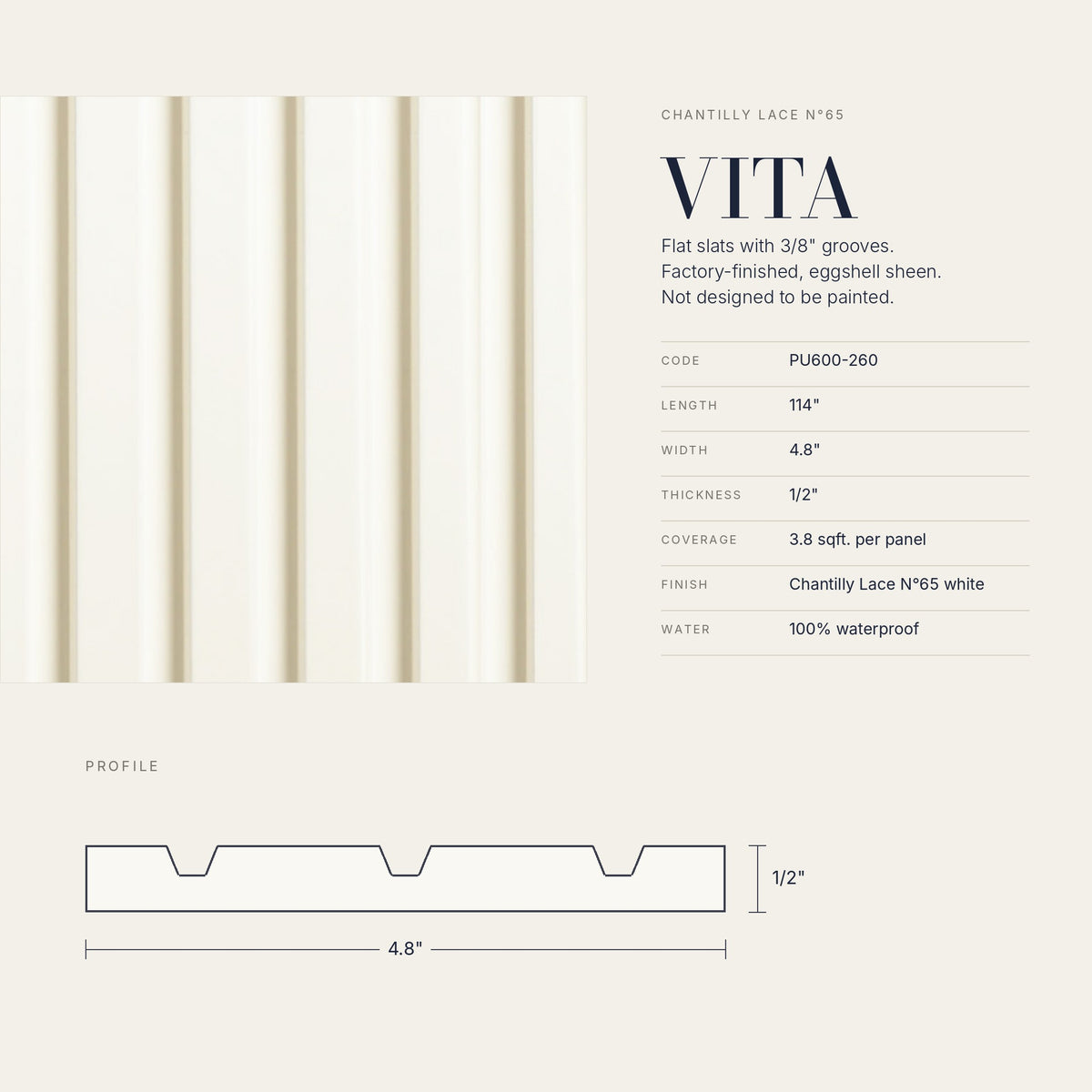 Chantilly Lace N65 Panels | Factory-Finished White Waterproof Slat Panel VITA PU600-260 | 114” x 4.8” | 3.8 sqft. - PICK UP ONLY (4309 Steeles Ave West)