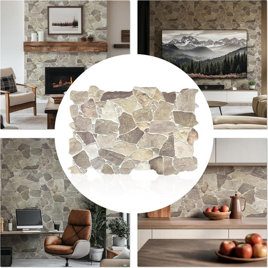 CONCORD WALLCOVERINGS ™ 3D Faux Brick Wall Panels, Beige Grey Wild Stonex.3 cm x 63.5 cm) PVC Sheets, Decorative Tiles for Living Room, Kitchen - Covers 67.2 Sq Ft