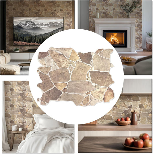 CONCORD WALLCOVERINGS ™  563WB Retro-Art 3D Faux Stone Wall Panels, Beige Brown Wild Boulder, 17.5" x 23.75" (44.5 cm x 60.3 cm) PVC - Covers 57.7 Sq Ft (5.3 m2)
