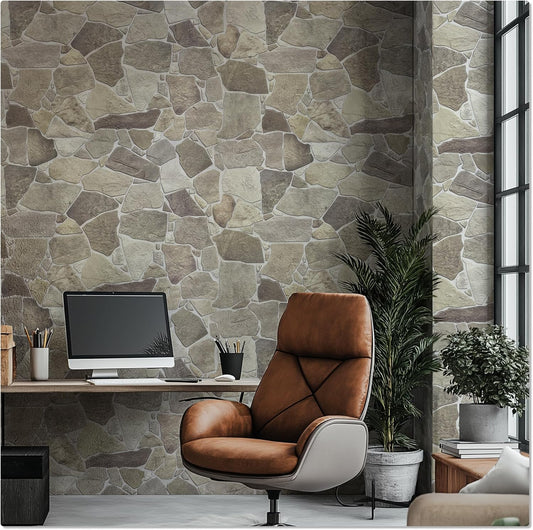 CONCORD WALLCOVERINGS ™ 245WB 3D Faux Brick Wall Panels, Beige Grey Wild Stone (98.3 cm x 63.5 cm) PVC Sheets, Decorative Tiles for Living Room, Kitchen