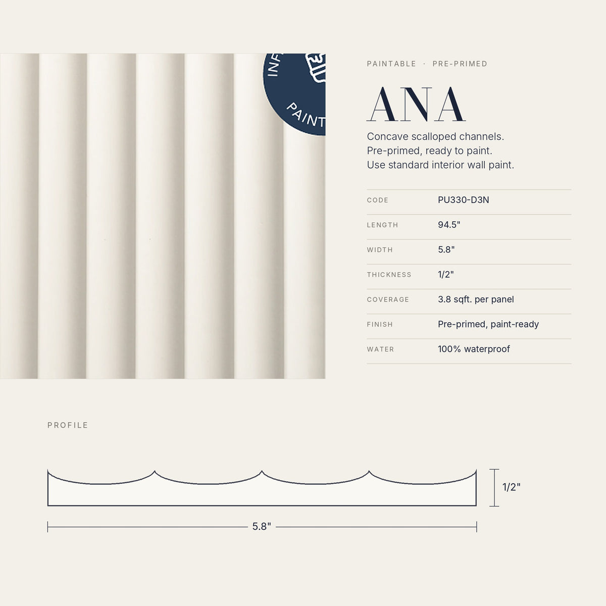 Paintable Slat Panels | Pre-Primed Waterproof Slat Panel ANA PU330-D3N | 94.5” x 5.8” | 3.8 sqft. - PICK UP ONLY (4309 Steeles Ave West)