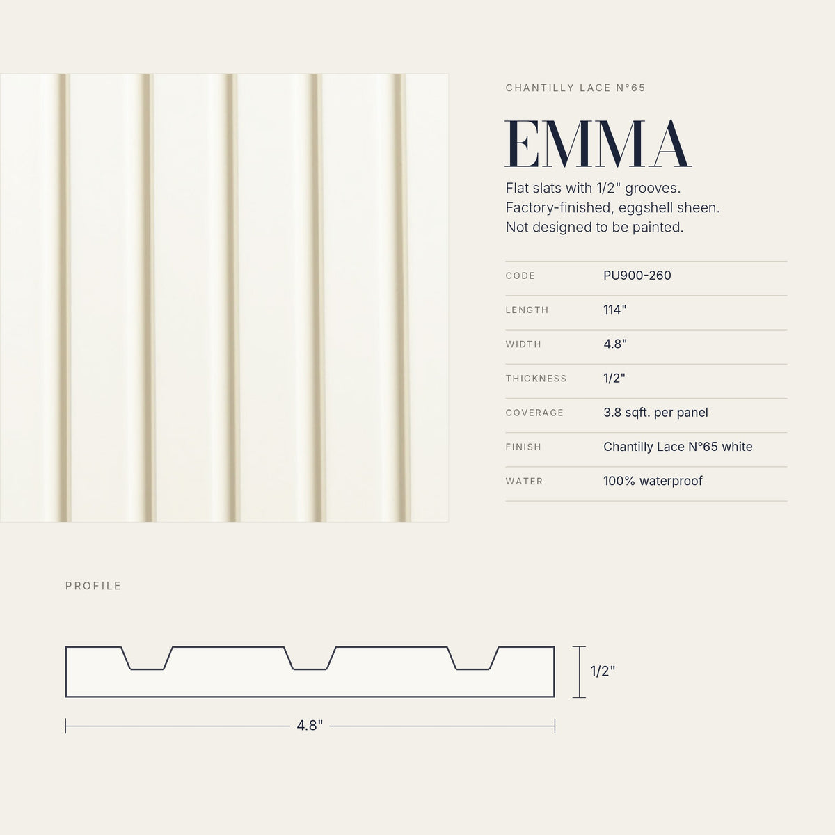 Chantilly Lace N65 Panels | Factory-Finished White Waterproof Slat Panel EMMA PU900-260 | 114” x 4.8” | 3.8 sqft. - PICK UP ONLY (4309 Steeles Ave West)