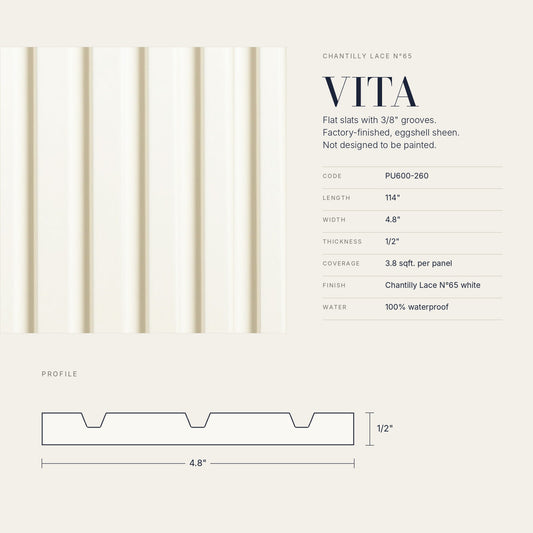 Chantilly Lace N65 Panels | Factory-Finished White Waterproof Slat Panel VITA PU600-260 | 114” x 4.8” | 3.8 sqft. - PICK UP ONLY (4309 Steeles Ave West)