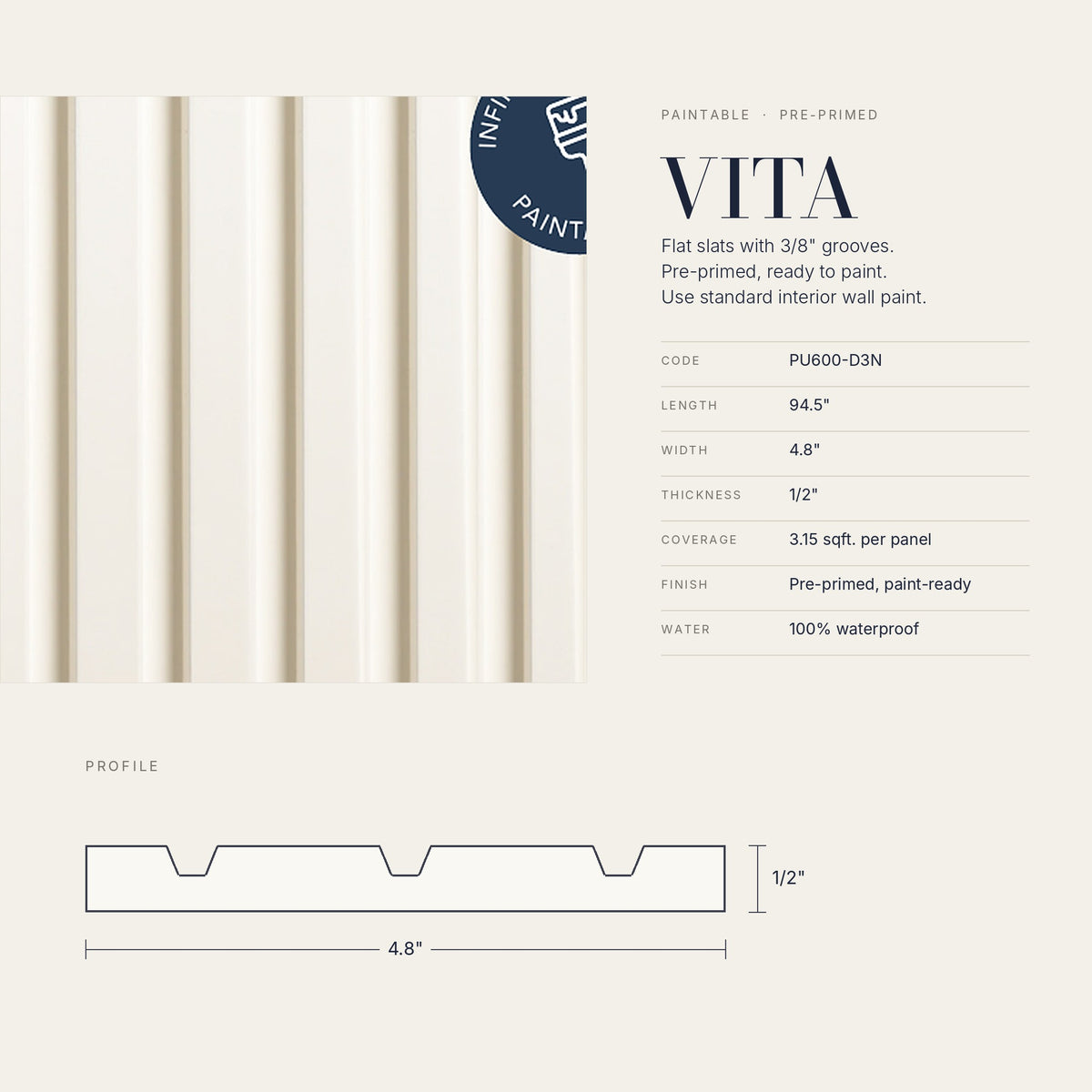 Paintable Slat Panels | Pre-Primed Waterproof Slat Panel VITA PU600-D3N | 94.5” x 4.8” | 3.15 sqft. - PICK UP ONLY (4309 Steeles Ave West)